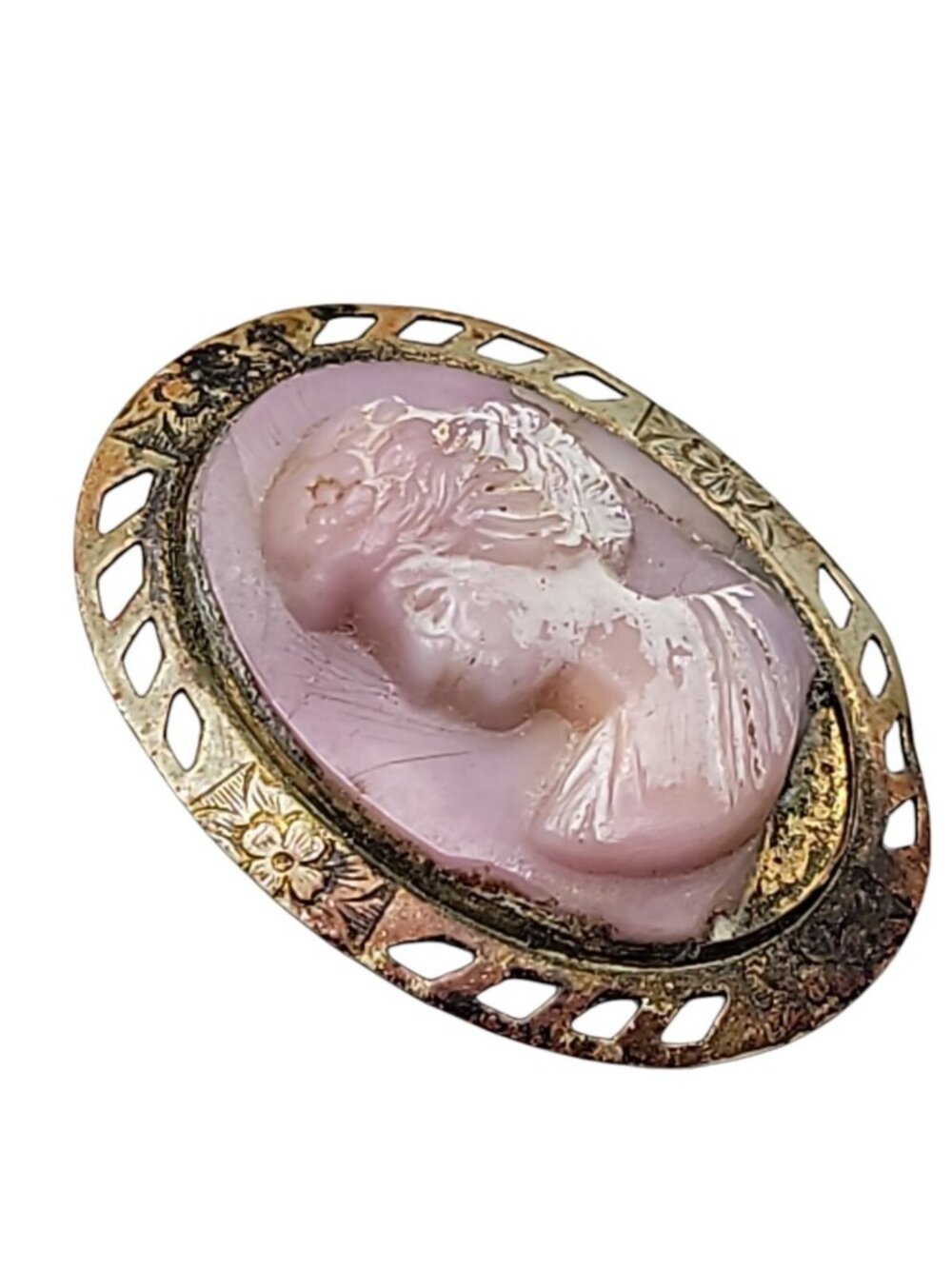 Antique Pink Molded Glass Cameo Brooch Lady Flowers Gold Tone Frame Needs TLC - Picture 6 of 7